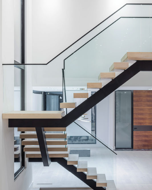 hovering step / box steps / glass top mount handrails / blacken solid steel handrails