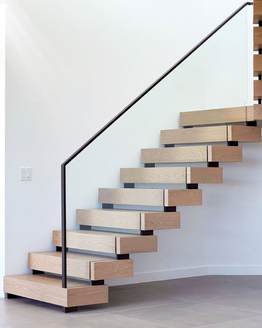 floating zig zag stair / box steps / side glass mount handrail / glass-top mounted blacken solid steel handrail