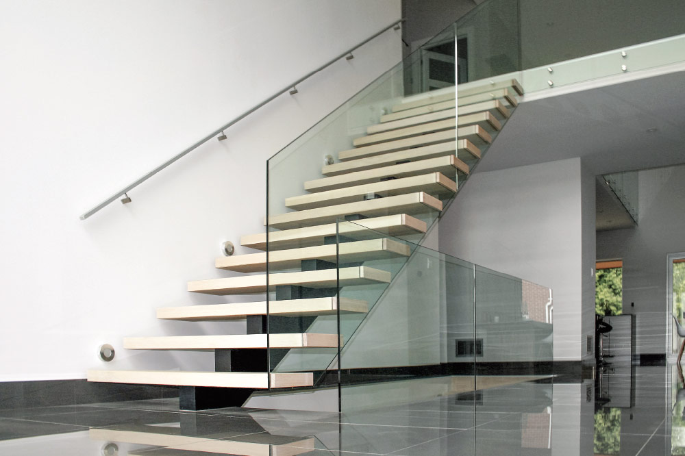mono stringer / box steps / glass mount handrail / round stainless steel handrail