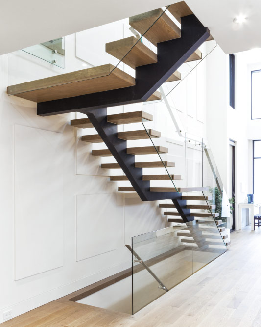mono stringer / wood box steps / glass side mount handrails / solid stainless steel handrails