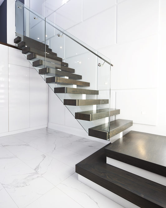 mono stringer stair / wood box steps / glass side mount handrails / solid stainless steel handrails